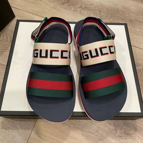NIB Authentic Gucci Nylon Stripe Logo Sylvie Web Platform Slingback Sandals - Picture 1 of 3